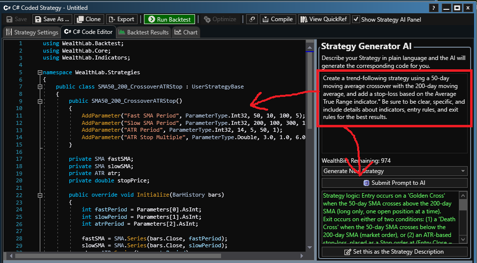 WealthLab 9 AI Strategy Generator creating a trading strategy from a plain-English prompt